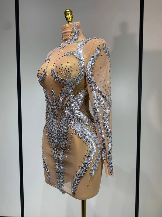 Women Sparkly Rhinestones Sexy Mesh Transparent Mini Dress Eveing Birthday Party Dance Nightclub Festival Show Stage Costumes