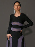 2025 Sexy Women Purple Mesh Patchwork Bandage Dress O-Neck Long Sleeved Slim Fit Pleated Long Dress Evening Club Party Vestido