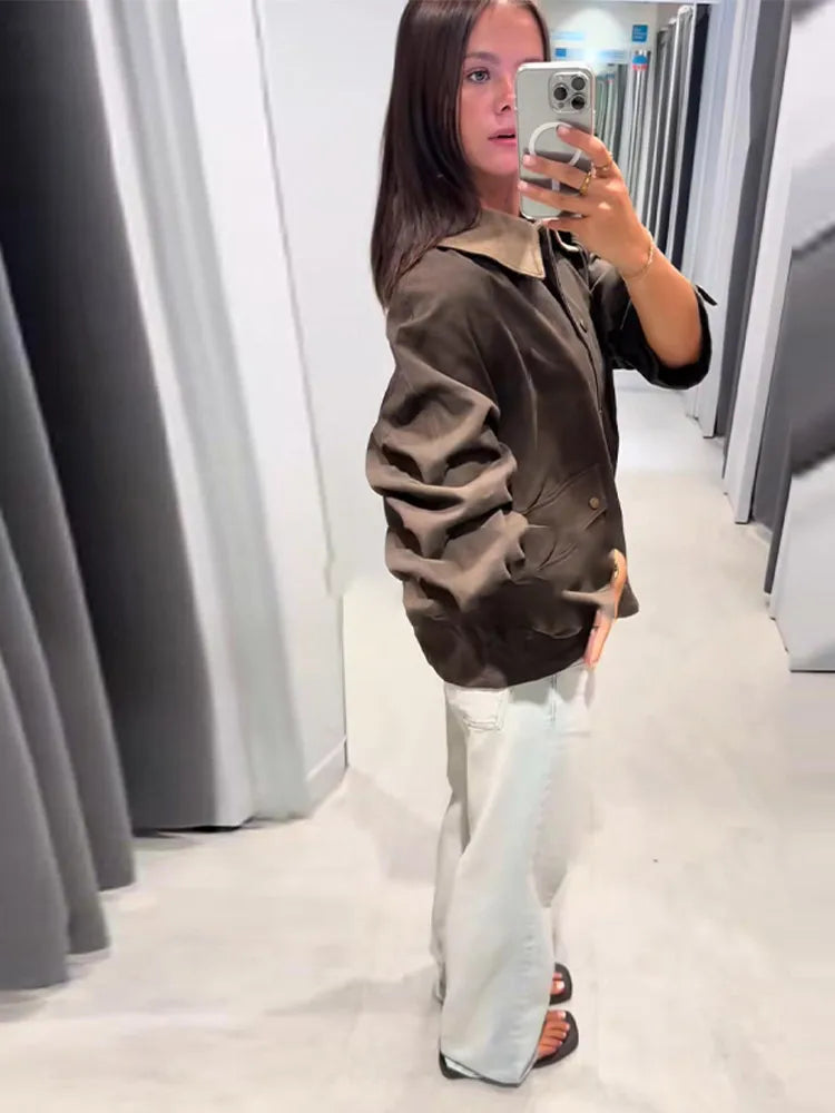 Lapel Patchwork Single Breasted Bomber Jacket For Women Long Sleeve Zipper Pocket Coat New Designer High Street Ladies Outerwear