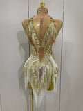 Women Sexy Stretch Mesh Sparkly Rhinestone Tassels Mini Dress Nightclub Singer Dance Stage Costume Evening Gowns