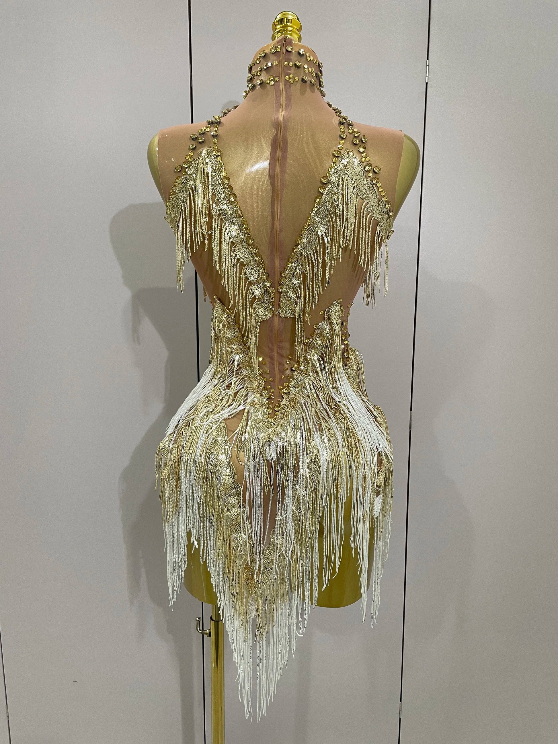 Women Sexy Stretch Mesh Sparkly Rhinestone Tassels Mini Dress Nightclub Singer Dance Stage Costume Evening Gowns