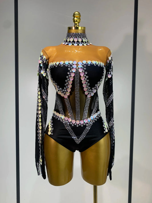 Women Sexy Sparkly Rhinestone Bodysuit Evening Party Dance Show Birthday Nightclub Halloween Costume Stage Performance Outfit black