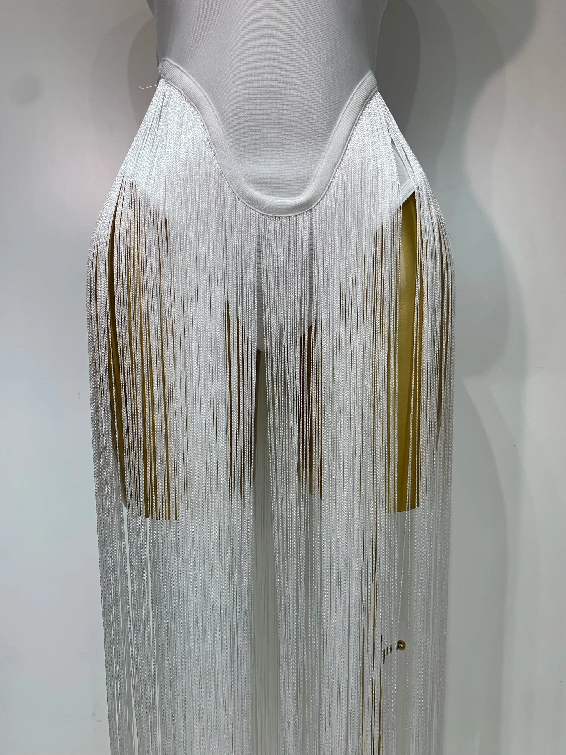 Women Sexy White Elegant Strapless Long Tassels Bandage Bodysuit Evening Party Luxury Birthdy Nightclub Singer Stage Outfit