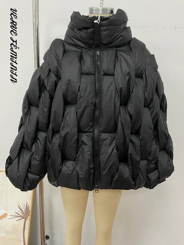 Women's Winter Coats Stand Collar Full Sleeve Argyle Padded Jacket New Lantern Sleeves Zipper Loose Fitting Coat Chic Outerwears