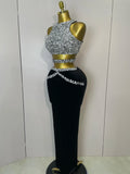 Women Sparkly Rhinestone Two-piece Set Sexy Velvet Singer Nightclub Outfit Celebrate Birthday Elegant Party Dresses