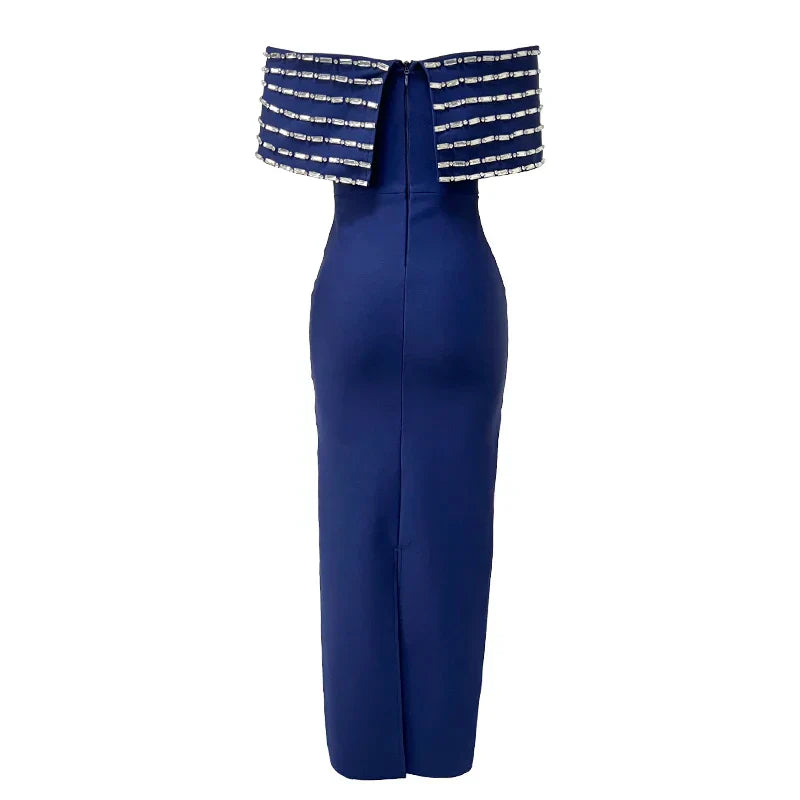 New Blue Color Women Sexy Slash Neck Off the Shoulder Shinning Crystal Bodycon Long Bandage Dress Elegant Evening Party Outfit
