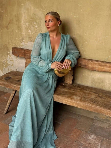 Sexy Solid Slim Women's Maxi Dress Deep V-neck Hollow Out Lantern Long Sleeve Backless Dragging Party Dresses Chic Ladies Robes