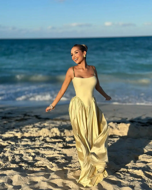 Yellow Women Sleeveless Sexy Strap Square Collar Long Bandage Maxi Dress Beach Style Celebrate Birthday Vacation Party Dress Yellow