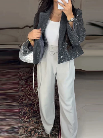Women's Bomber Coats Sequined Short Blazer Street Female Turn-down Collar Long Sleeve Loose Jackets Shining Lady Club Streetwear