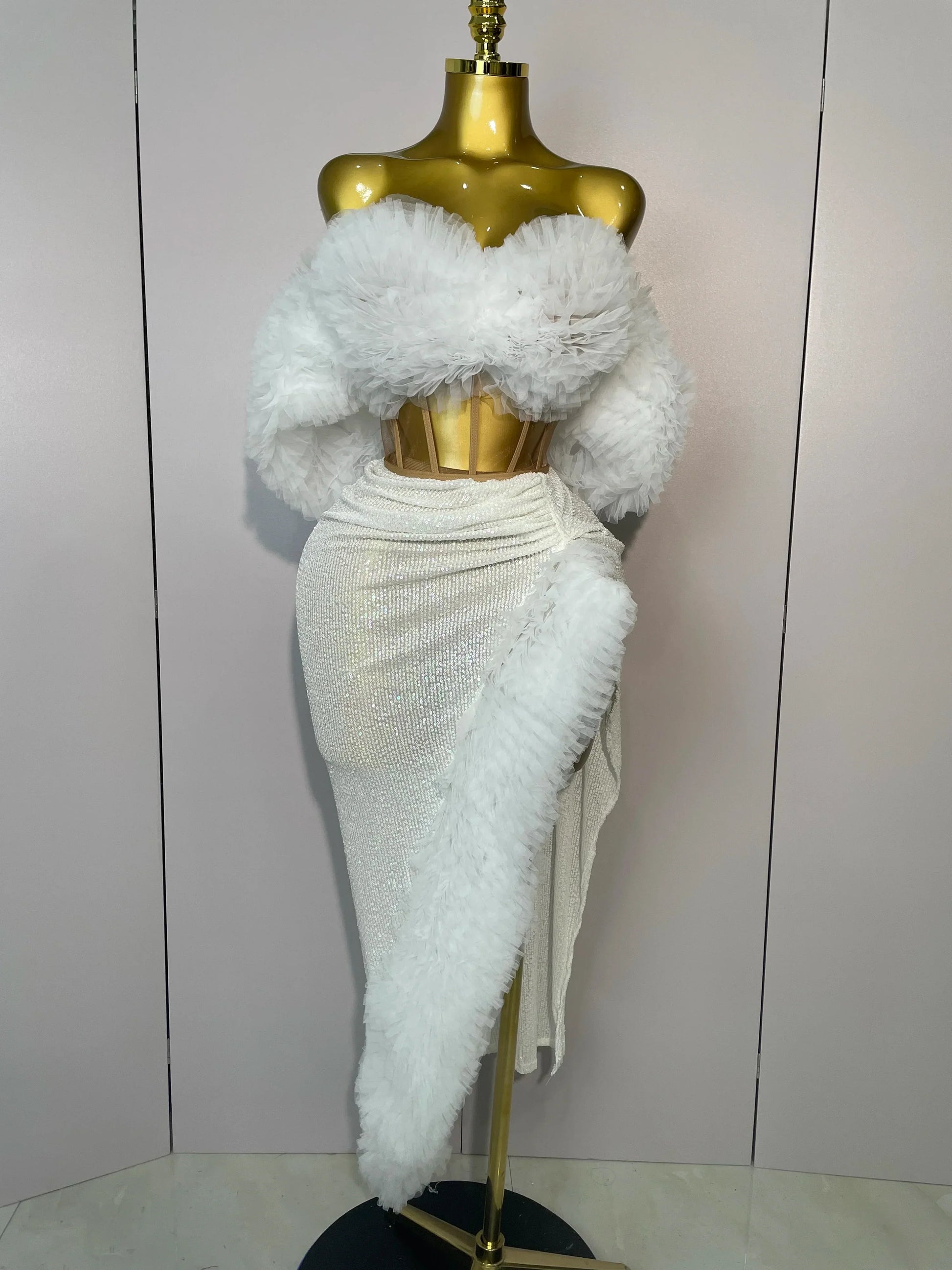 Women White Sequins Top Short Skirt Two Pieces Set Sexy Celebrate Evening Prom Birthday Dress Nightclub Stage Outfit WHITE