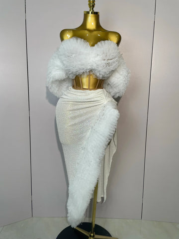 Women White Sequins Top Short Skirt Two Pieces Set Sexy Celebrate Evening Prom Birthday Dress Nightclub Stage Outfit WHITE