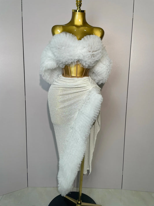 Women White Sequins Top Short Skirt Two Pieces Set Sexy Celebrate Evening Prom Birthday Dress Nightclub Stage Outfit WHITE