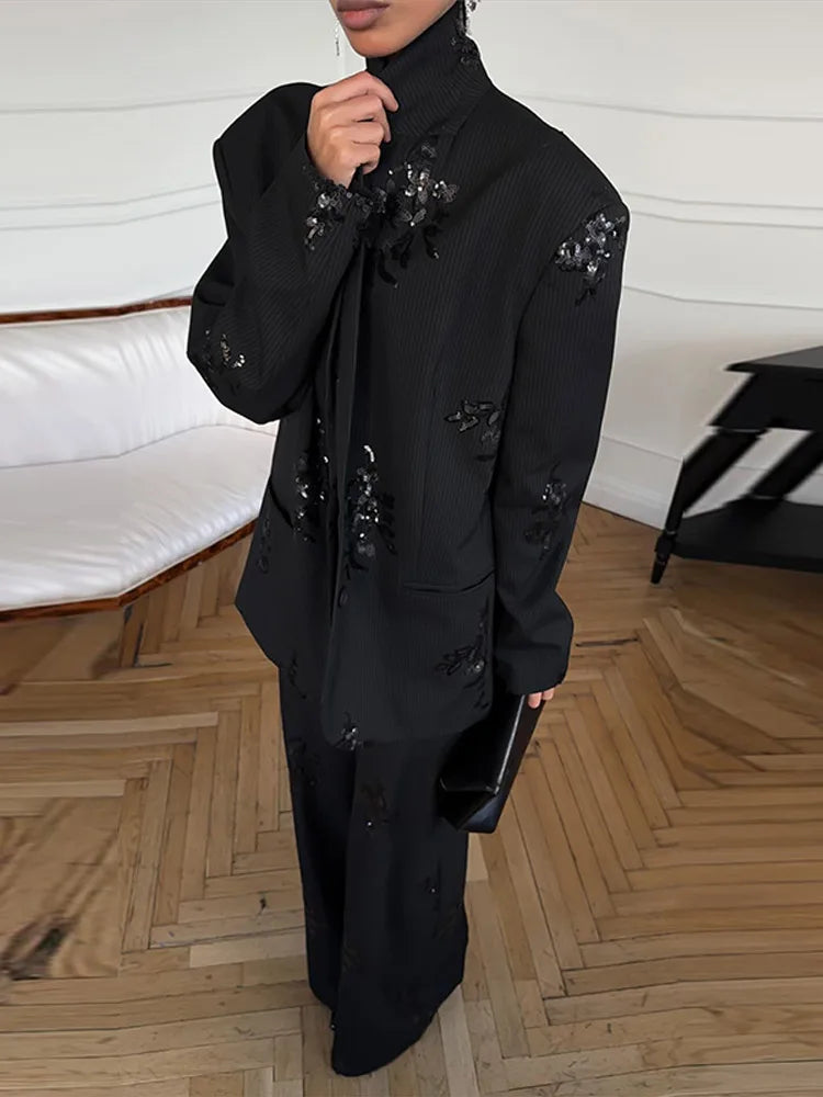 Sequin Women's Pant Set Elegant Lapel  Patchwork Full Sleeve Blazer Long Straight Pant Suit Lady 2026 New Spring Woman Outwears