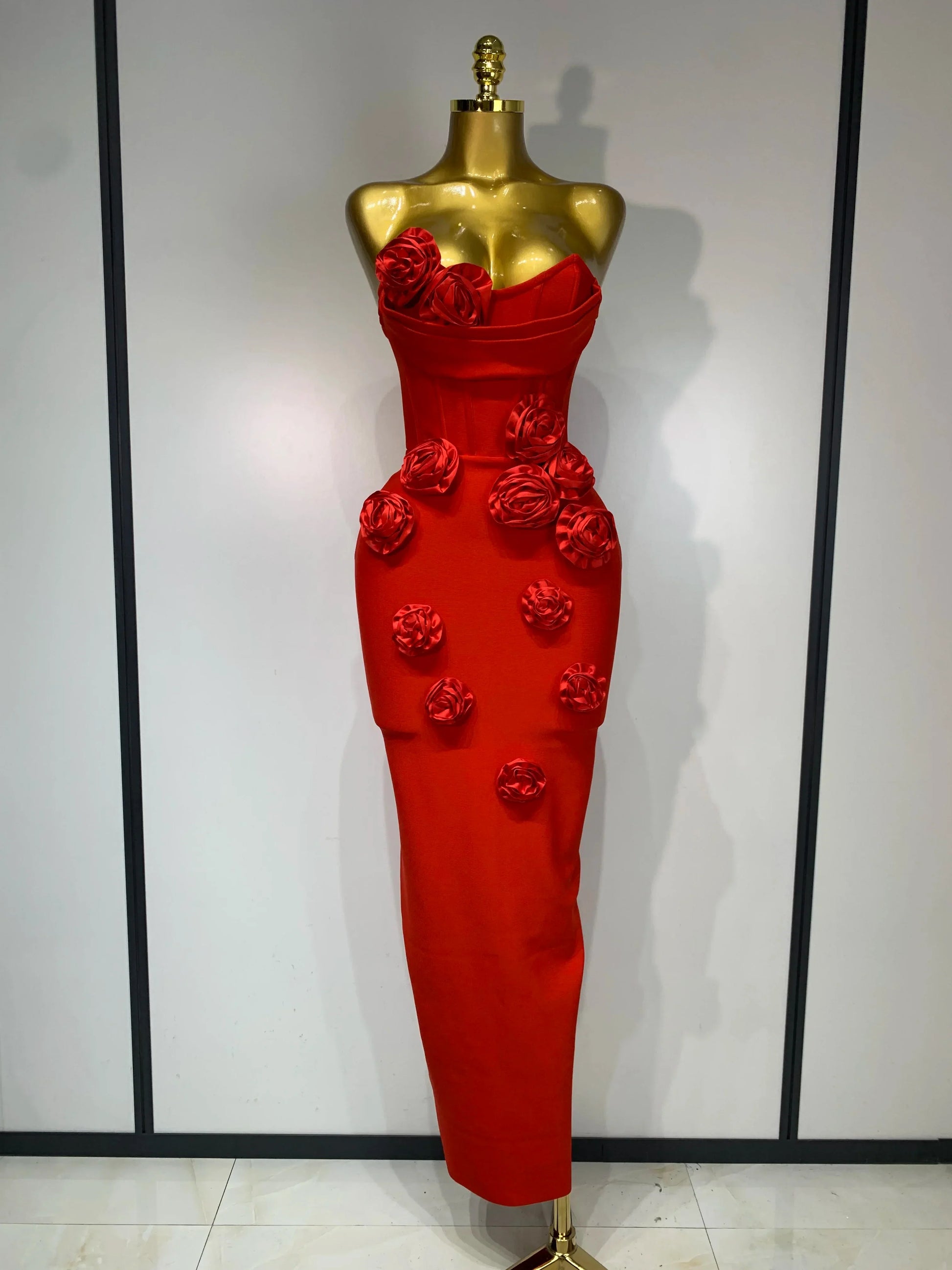 Women Sexy Strapless Florals Strapless Bodycon Bandage Dress Celebrity Elegant Festival Celebrate Evening Party Birthday Dresses Red