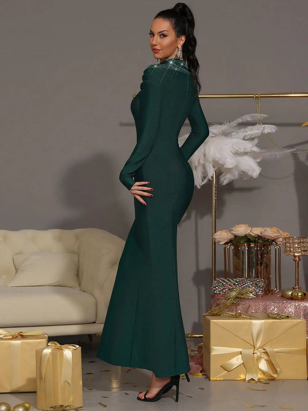 2025 Elegant Women's Wear Light Luxury Hot Diamond Tulle Patchwork Bandage Dress Stand Collar Long Sleeve Bodycon Long Dresses