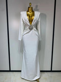 Women Sexy Deep V Neck Long Sleeves Maxi Dresses Celebrity Elegant Evening Party Luxury Birthday Wedding Guest Cocktail Gowns WHITE