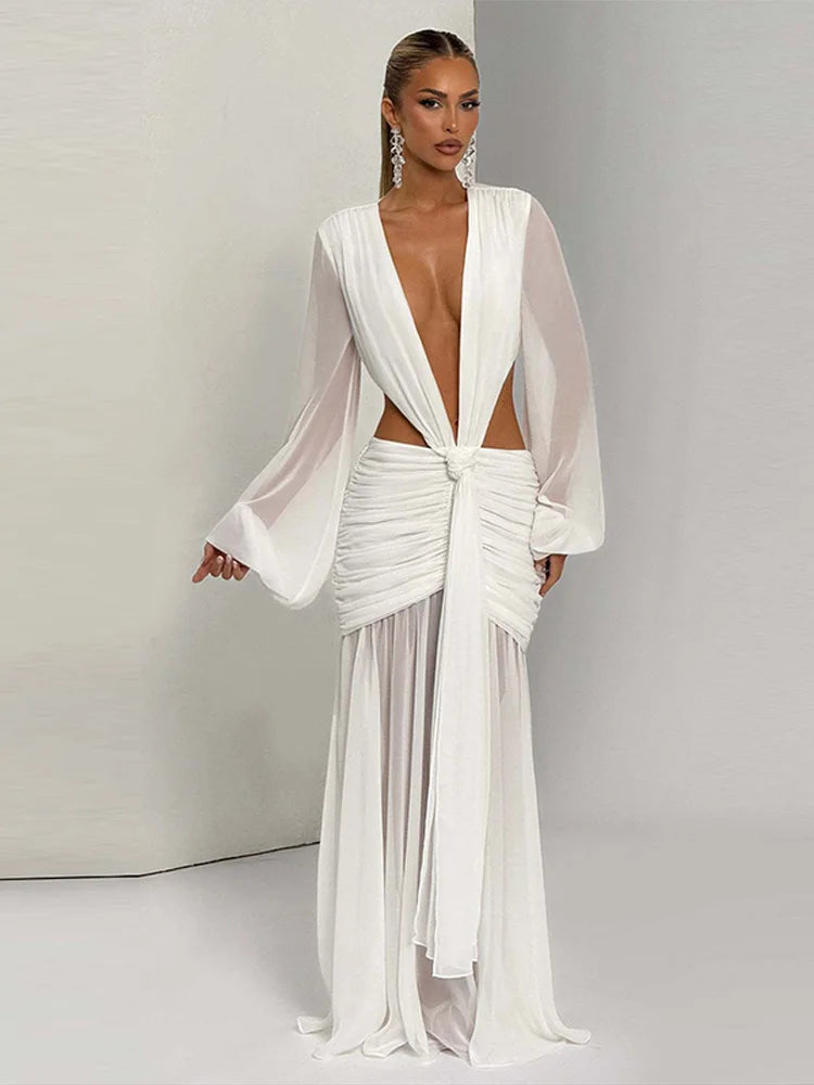 Backless Solid Hollow Out Long Sleeve Maxi Dress Women Sexy Deep V-neck Lace Up Pleat Patchwork Dresses Charming Ladies Vestidos