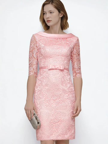 Mother Of The Bride Gown - Elegant Sheath Evening Dress Lace Jacket Bateau Neck Half Sleeve Knee-Length Bowknot Waistband Formal Dress 2025 Free Customized pink
