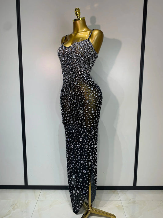Women Sexy Sleeveless Rhinestone Bodycon Maxi Long Dress Evening Party Birthday Costume Bar Nightclub Stage Performance Clothing
