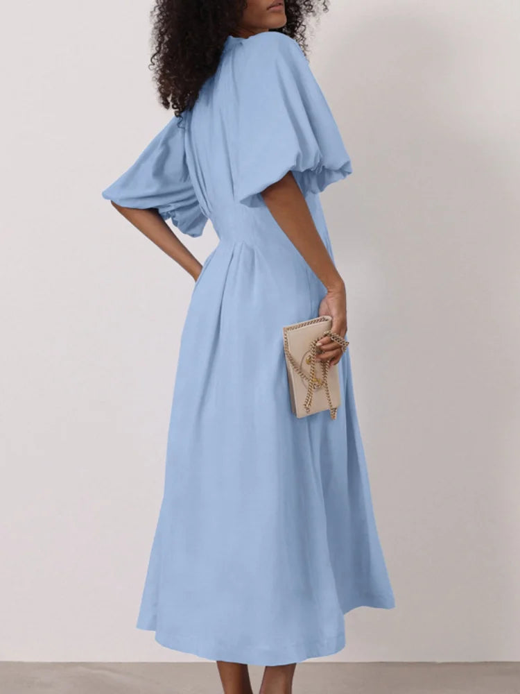 Elegant Solid Slim Women's Long Dresses V-neck Puff Short Sleeve Waist Cinching Single Breasted Pleated Partywear New Lady Robes