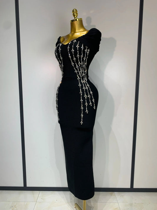 Women Black Red Long Bodycon Bandage Dress 2025 Luxury Rhinestone Evening Party Celebrity Elegant Club Wedding Guest Dresses
