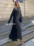 Women's Knitted Long Dress Sets with Polo Collar Long Sleeves Waistband Tie up Cardigan Long Coat+Sleeveless Dress Two Piece Set