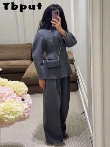 Casual Solid Women's Woolen Coat Trouser Suits Lapel Waist-Closed V-Neck Straight Pants Lady Set 2026 Spring 2 Pieces Set Women