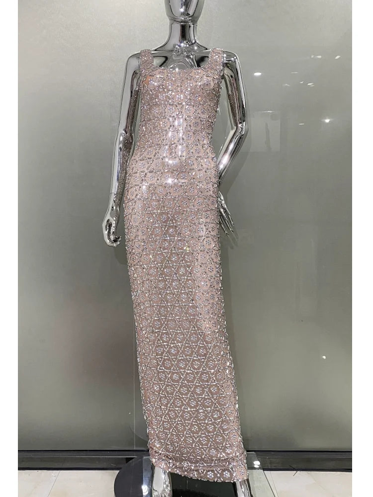 2024 Super Shining Diamonds Sexy Mesh See Through Bodycon Long Dress Fashion Woman Evening Party Dress Stage Performance Costume As Picture