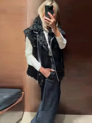 Women's Bomber Coats Reversible Lapel Vest Top Street Female PU Leather Patchwork Side Placket Early Spring Jacket New Outerwear