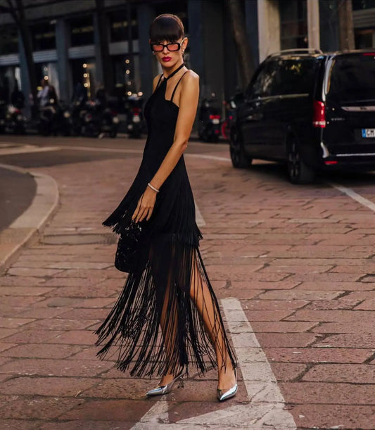 Black Green Women Sleeveless Sexy Strap V-Neck Bodycon Long Tassels Bandage Dress Celebrate Fashion Red Carpet Evening Dress