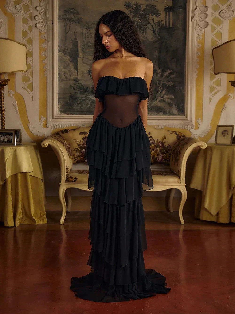 Women Sexy Strapless Ruffle Slim Maxi Dress for cummerbund Elegant Sleeveless Lady Evening Party Gowns Female Robes