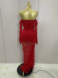 Women Sexy Strapless Backless Red Lace Split Maxi Long Bodycon Dress Celebrity Elegant Evening Club Birthday Party Outfit