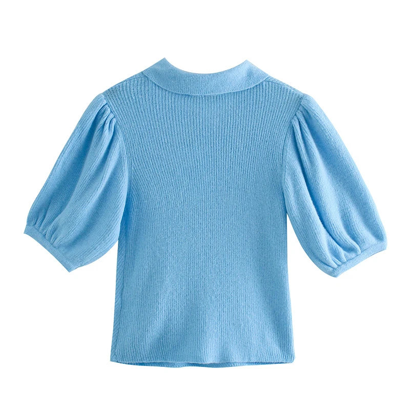 European and American style winter French fashion temperament blue collar base shirt button up knit top