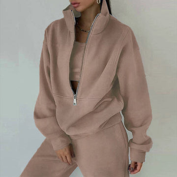 Autumn Winter Zippered Turtleneck Sweatshirt Set 2pc Women'S Sets Tracksuit Turtleneck Sweater Straight Jogging Pant Suits