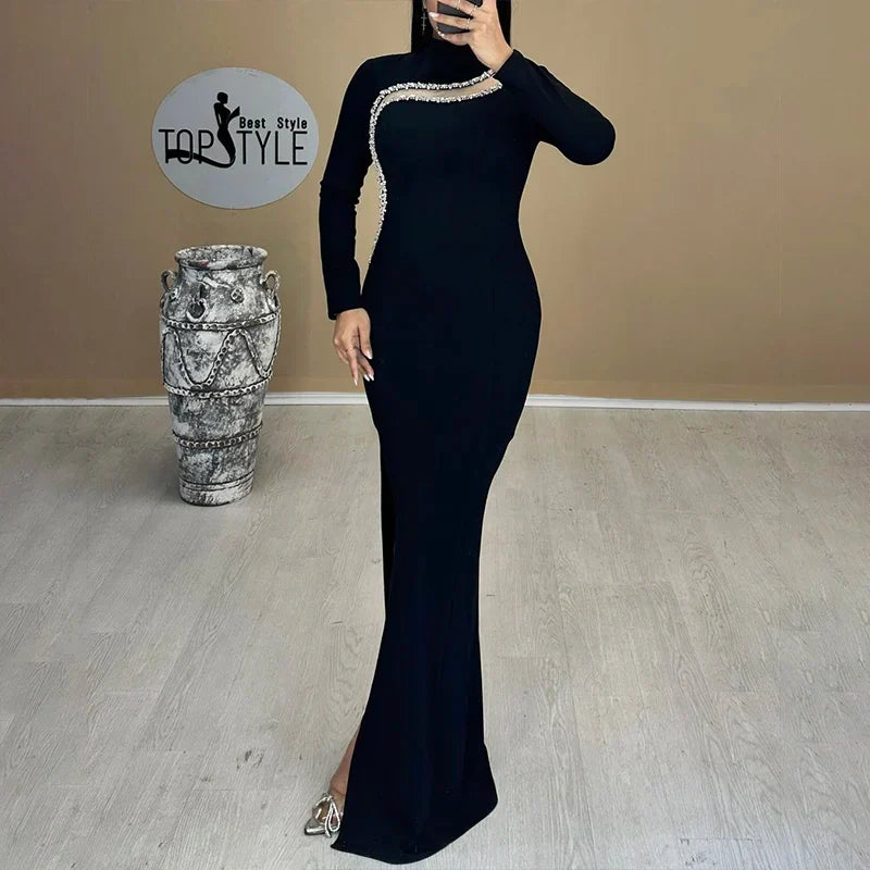 Black Color Top Quality Women Long Sleeve Shinning Crystal Bodycon Bandage Long Dress Fashion Evening Party Celebrate Dress