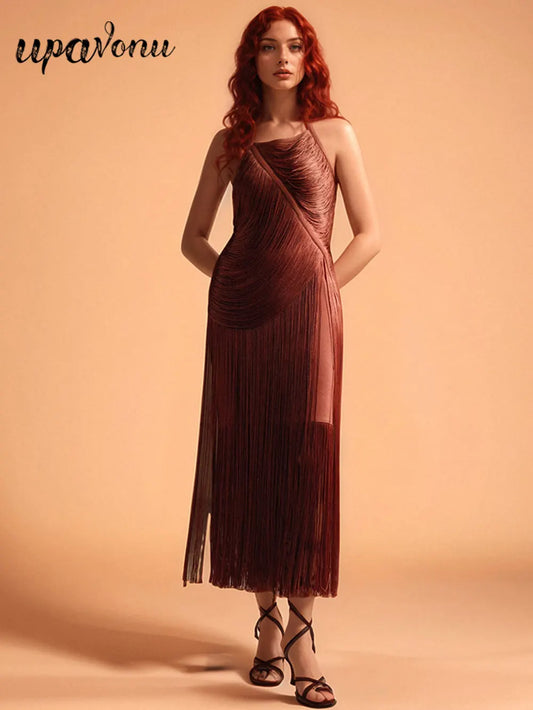 2025 Spring Sexy Women's Tassel Bandage Dress Hanging Neck Sleeveless Bodycon Backless Long Dresses Evening Club Party Vestidos