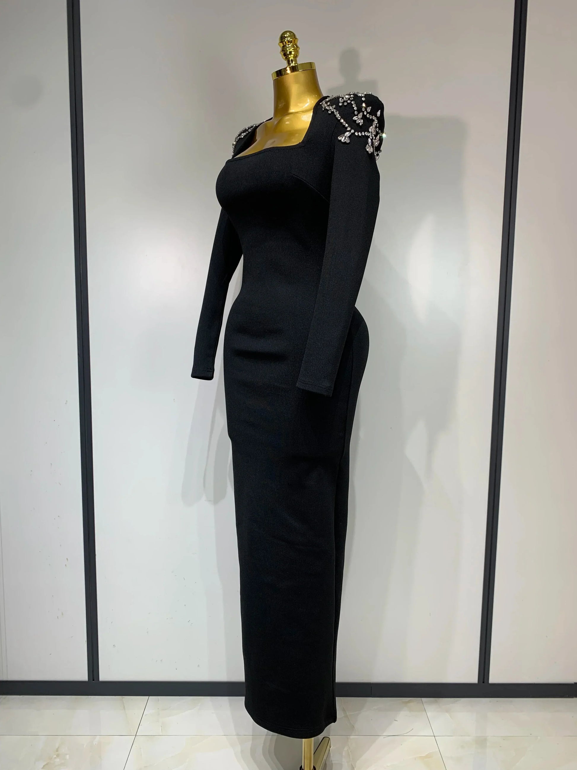 Luxury Birthday Dresses Diamond Tight Long Sleeve Square Neck Long Bandage Dress Women Wedding Evening Formal Gowns