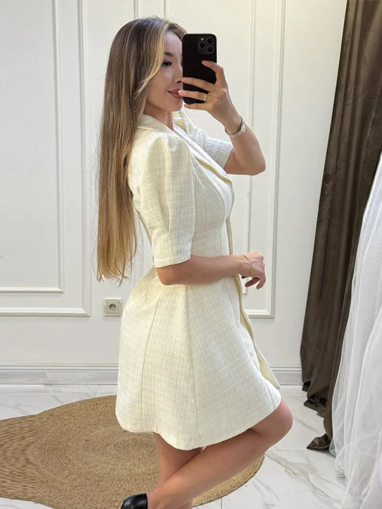 Women's Evening Dresses Single Breasted Short Sleeve Mini Dress Sweet Female Puff Sleeves Slim Partywear Early Spring Streetwear