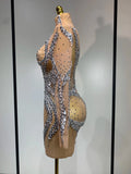 Women Sparkly Rhinestones Sexy Mesh Transparent Mini Dress Eveing Birthday Party Dance Nightclub Festival Show Stage Costumes
