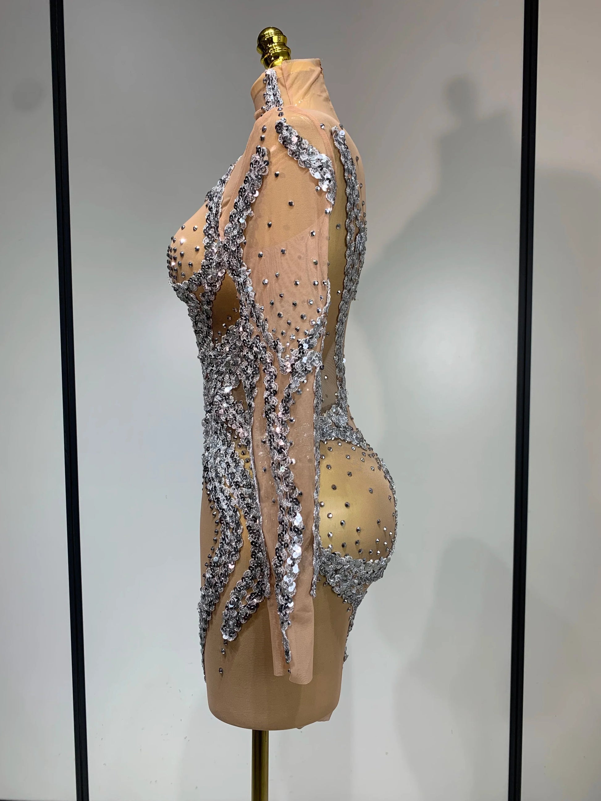 Women Sparkly Rhinestones Sexy Mesh Transparent Mini Dress Eveing Birthday Party Dance Nightclub Festival Show Stage Costumes