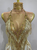 Women Sexy Stretch Mesh Sparkly Rhinestone Tassels Mini Dress Nightclub Singer Dance Stage Costume Evening Gowns
