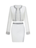 Women's Light Luxury Nail Bead Bandage Short Skirt Set O-neck Long Sleeve Short cardigan Coat+Mini Skirt Two Piece Set WHITE