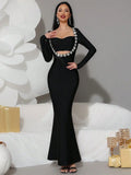 Women's Light Luxury Nail Diamond Design Fishtail Bandage Dress Strapless Long Sleeve Hollow Bodycon Black Long Dresses