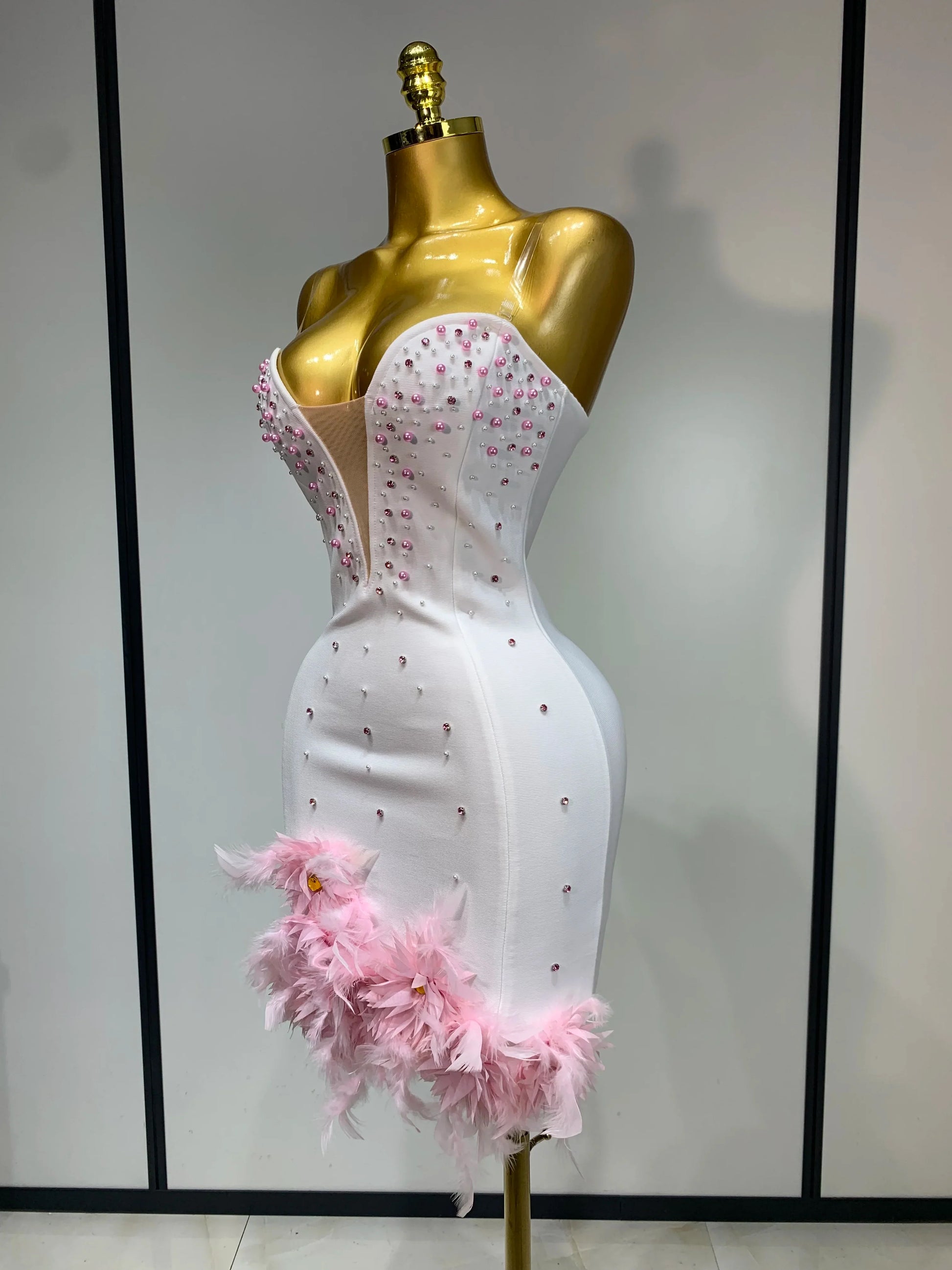 Women Sexy Backless Pink Pearls Feather Short Dress Formal Evening Party Luxury Beading Floral Wedding Guest Dress