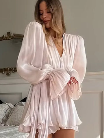 Chic Chiffon Lantern Sleeve Ruffles Dress Women's Elegant High Waist Pleated A-line O-neck Gowns Summer Party Club Vestidos 2025