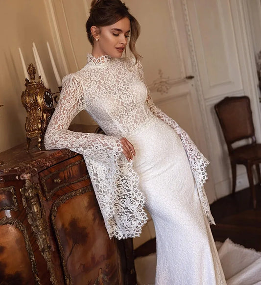 Elegant Lace Wedding Dress 2026 High-neck Long Sleeves Buttons Back Sweep Train Bridal Bride Gown Classic vestidos de novia