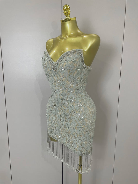 Luxury Sparkle Diamond Tassel Halter Cocktail Dress Women Elegant Evening Formal Gowns Wedding Party Dresses Stage Costumes