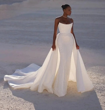 Luxury Sequins Wedding Dress Detachable Train Strapless Beads Lace Up Mermaid Bride Bridal Gowns African vestido de novia