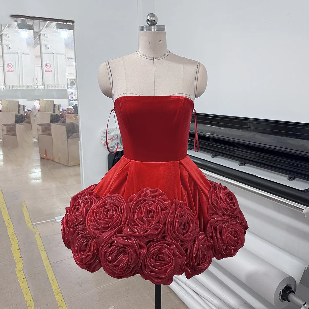 Modphy 2025 Red Strapless Ball Gown Women Velvet Mini Dresses Sexy Sheath Short Guest Birthday Party Wedding Gowns Red