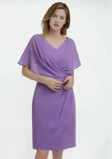 Mother Of The Bride Gown - Elegant Mother of the Bride Dress V Neck Chiffon Knee-Length Short Sleeve Ruffles Wedding Guest Dress 2025 Free Customized